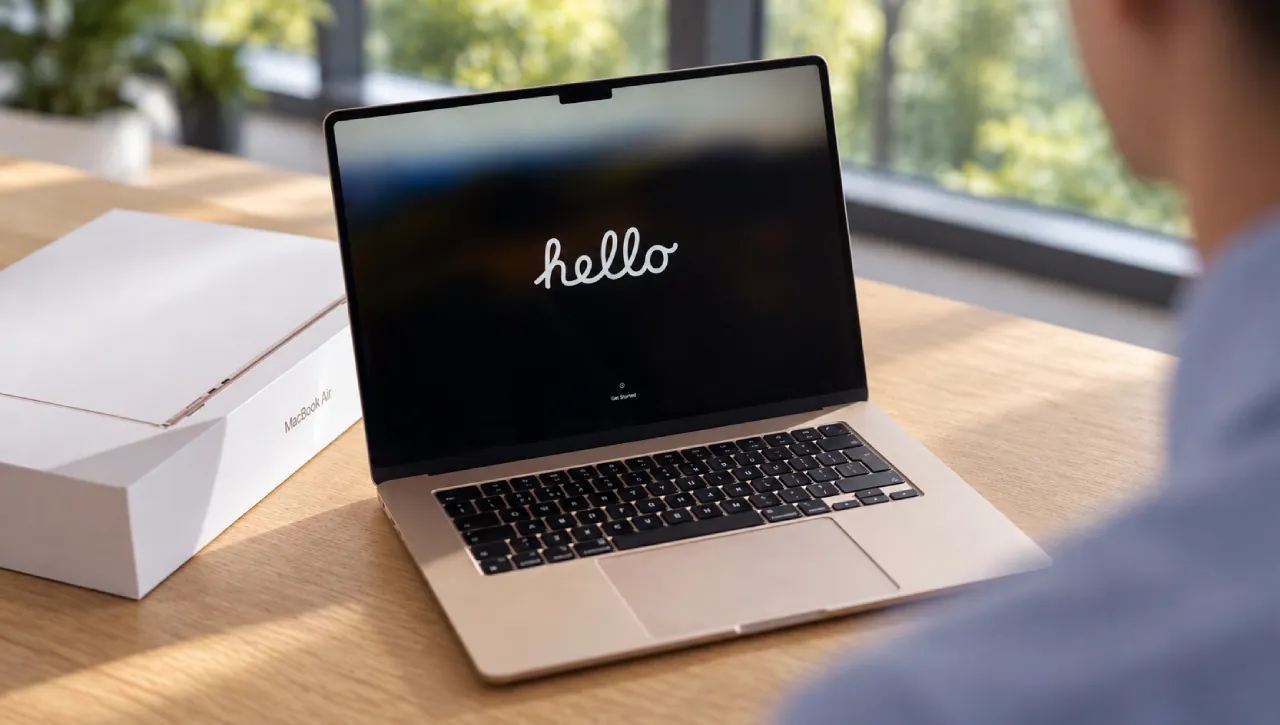 A new MacBook Air next to its box shows the "hello" screen of first start-up