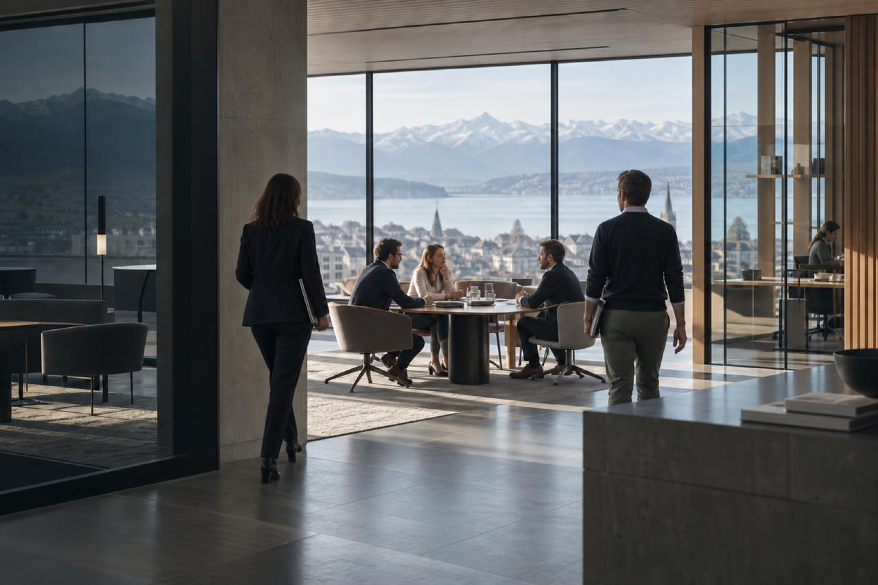 A bright office overlooking a lake and snow-capped Alps: three people talk around a round table as two colleagues walk over to join them.