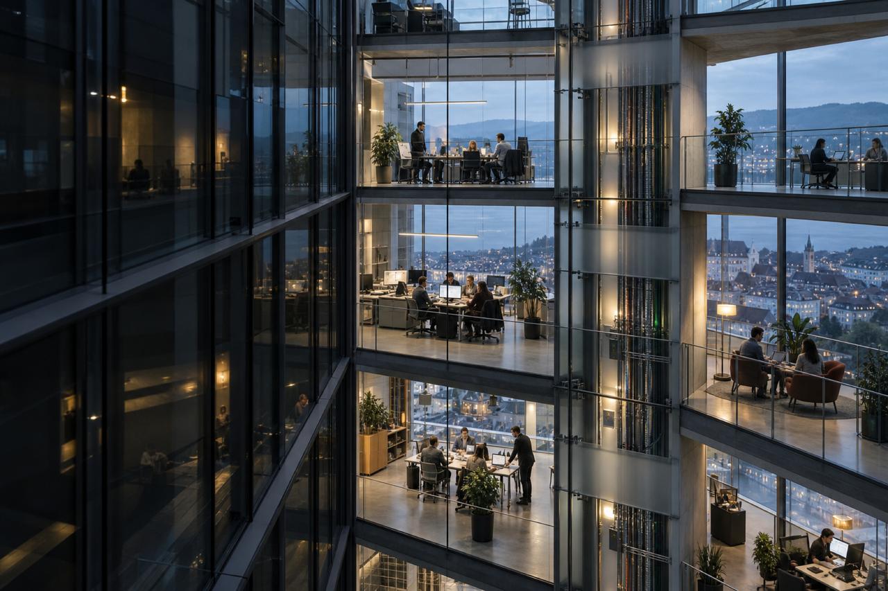 Glass façade of a building at dusk: teams work on several open floors around a shared technical core, a lakeside city below.