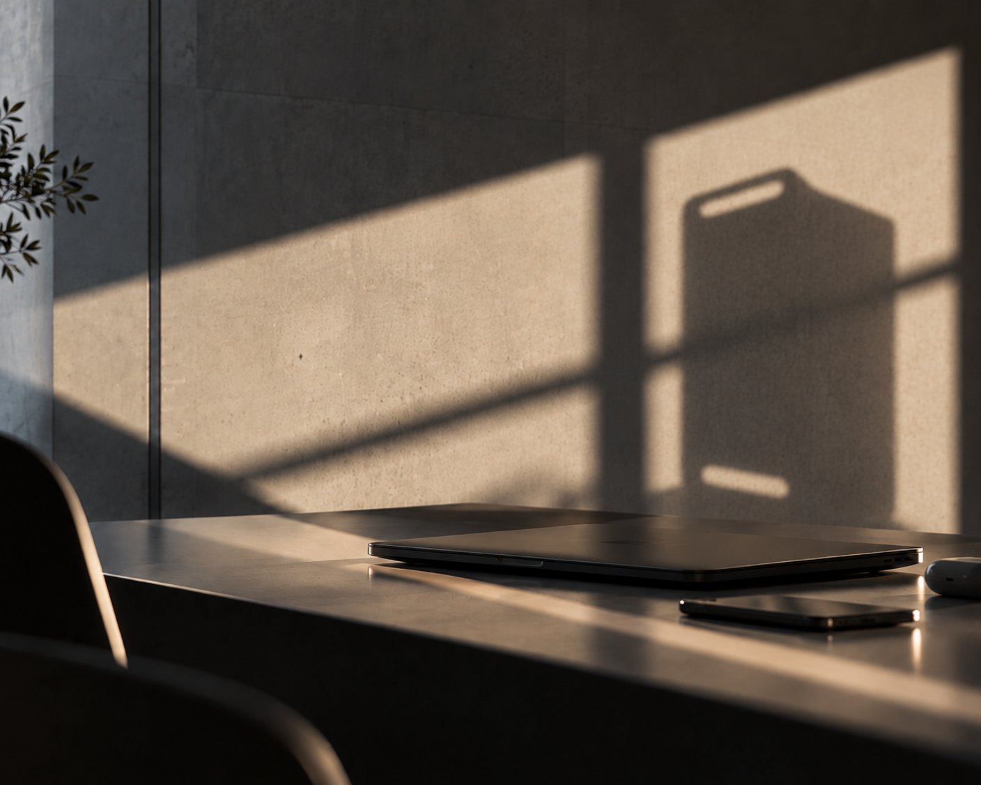 A closed laptop, a phone and earbuds on a dark desk, in the low light of late afternoon.