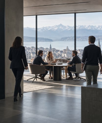 Bureau lumineux dominant un lac et les Alpes enneigées : trois personnes discutent autour d’une table ronde tandis que deux collègues les rejoignent.