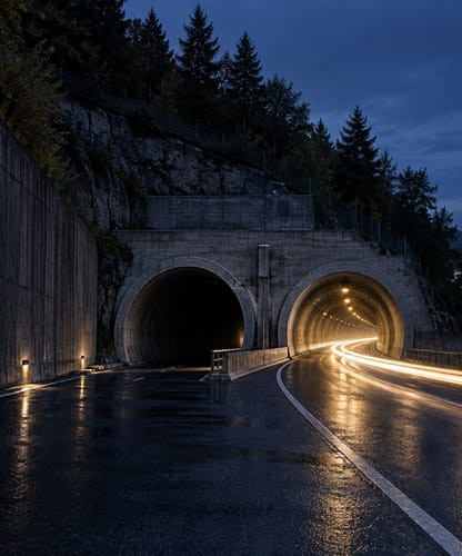 Deux tunnels routiers côte à côte au crépuscule sur une route mouillée, l’un éteint, l’autre éclairé par des trainées de phares.