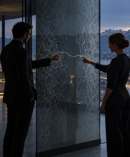 Two people either side of an etched glass panel, their fingertips meeting on a glowing thread, a lakeside city at dusk beyond.