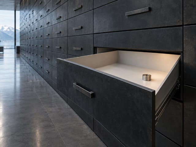 A wall of dark stone drawers along a corridor, one drawer open to a pale interior holding a small steel piece.