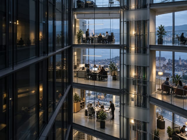 Façade vitrée d’un immeuble au crépuscule : sur plusieurs étages ouverts, des équipes travaillent autour d’une colonne technique commune, une ville au bord du lac en contrebas.