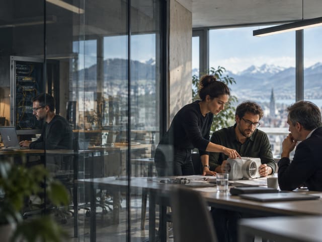 Three people examine a technical part at a table while a technician works behind a glass wall, lake and mountains beyond.