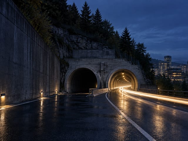 Two side-by-side road tunnels at dusk on a wet road, one dark, the other lit by headlight trails.