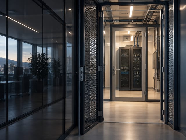 A succession of open glass and mesh doors leading to a network cabinet in an office at dusk.