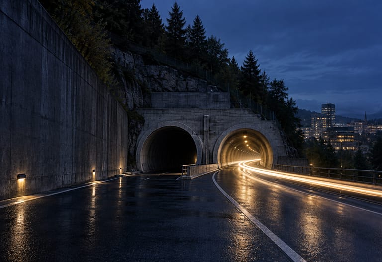 Deux tunnels routiers côte à côte au crépuscule sur une route mouillée, l’un éteint, l’autre éclairé par des trainées de phares.
