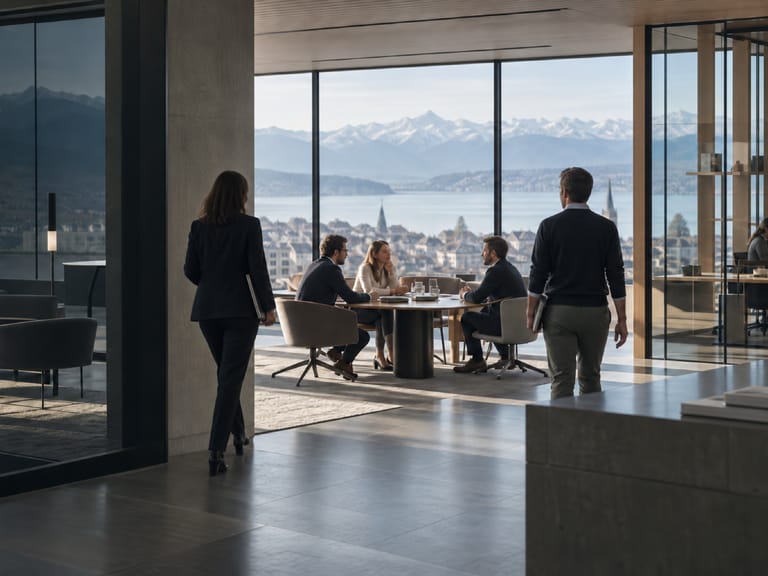 A bright office overlooking a lake and snow-capped Alps: three people talk around a round table as two colleagues walk over to join them.