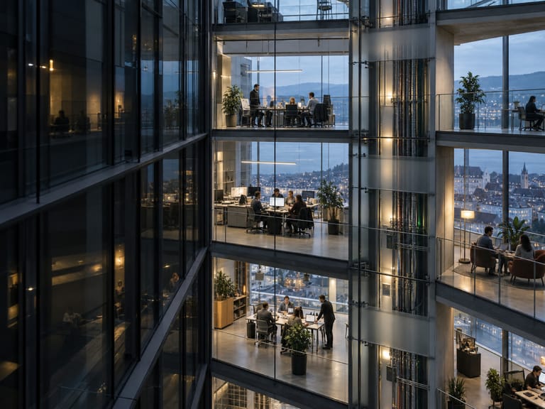 Glass façade of a building at dusk: teams work on several open floors around a shared technical core, a lakeside city below.