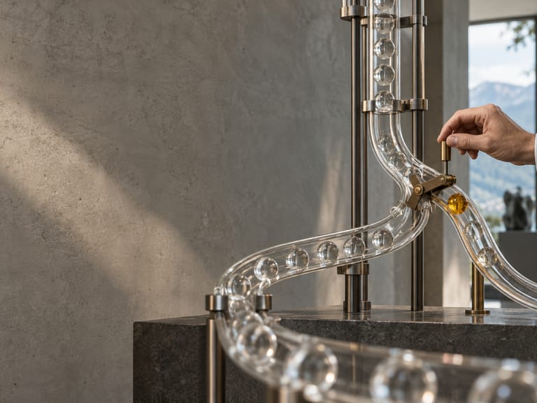 Une main actionne un levier de laiton sur un circuit de billes de verre, une bille ambrée s’engage sur la voie de droite.
