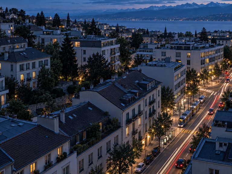 Les toits d’une ville au bord du lac à la tombée de la nuit, une avenue éclairée descend vers l’eau, les Alpes en fond.
