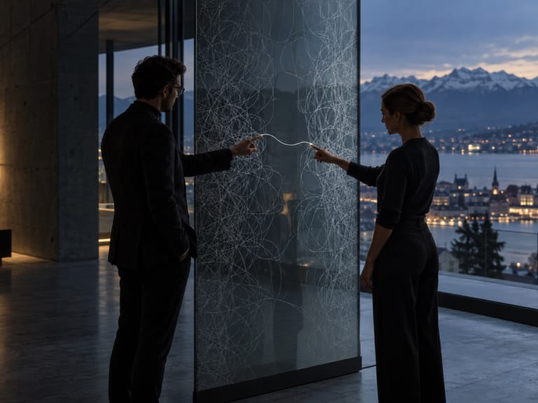 Deux personnes de part et d’autre d’une paroi de verre gravée de lignes, leurs doigts se rejoignent sur un fil lumineux, ville et lac au crépuscule derrière.