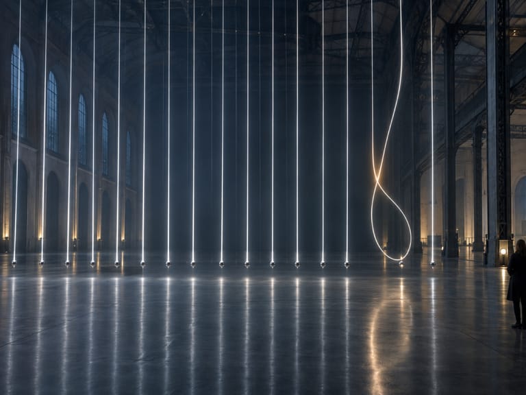 Une rangée de fils lumineux tendus dans une halle industrielle, un seul fait une boucle, une personne l’observe.